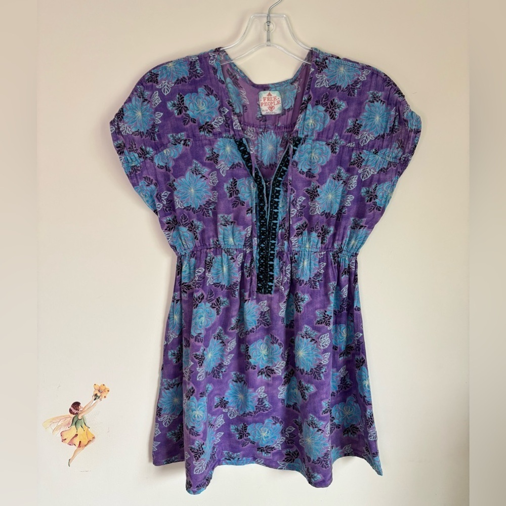 Free People Y2K Purple and Blue Floral Top Size XS